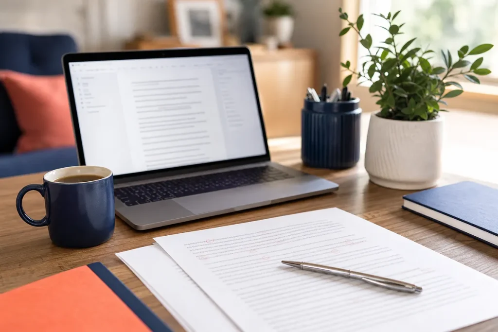 Desk with a laptop, a coffee cup and a printed draft with pen corrections