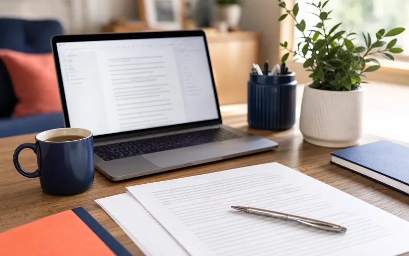 Desk with a laptop, a coffee cup and a printed draft with pen corrections